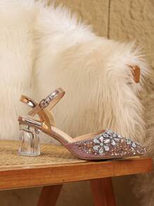 Women's Pointed Toe Rhinestone-Encrusted Comfortable & Durable Elegant Shoes, Versatile Fashion Formal Party Dance Chunky Heel Closed Toe Backless Nightclub Bridal Wedding High Heels, Not Fatiguing - 香檳色 - 查看 5