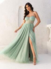 LONG WEDDING PARTY DRESS FOR GRADUATES IN TULLE WITH SHINE AND CORSET - Mint Green - View 1