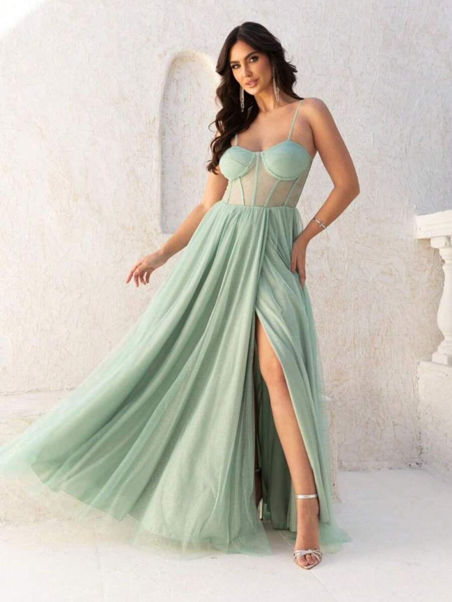 LONG WEDDING PARTY DRESS FOR GRADUATES IN TULLE WITH SHINE AND CORSET - Mint Green - View 1