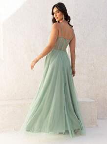 LONG WEDDING PARTY DRESS FOR GRADUATES IN TULLE WITH SHINE AND CORSET - Mint Green - View 2