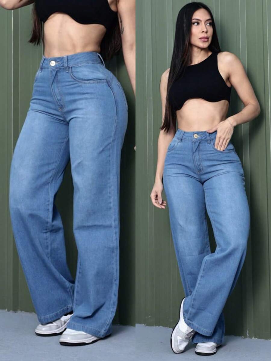 Women's Wide Leg Jeans, High Waist, High Waist, Enhances Butt Size 36 To 46 - 藍色 - 查看 1