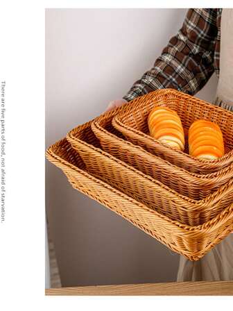 1pc Woven Storage Basket, Rectangular Rattan Style Fruit Vegetable Bread Basket, Household Tabletop Organizer For Snacks, Bottles, Misc Items, Picnic, Outdoor BBQ