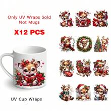 12 miếng dán cốc UV DTF hình con nai Giáng sinh - Miếng dán DIY chống thấm nước và chống trầy xước, hiệu ứng pha lê 3D, miếng dán chuyển tự dính để làm đồ thủ công, 8,2x20cm (3,2"X7,8") - Nhiều màu - Xem 1