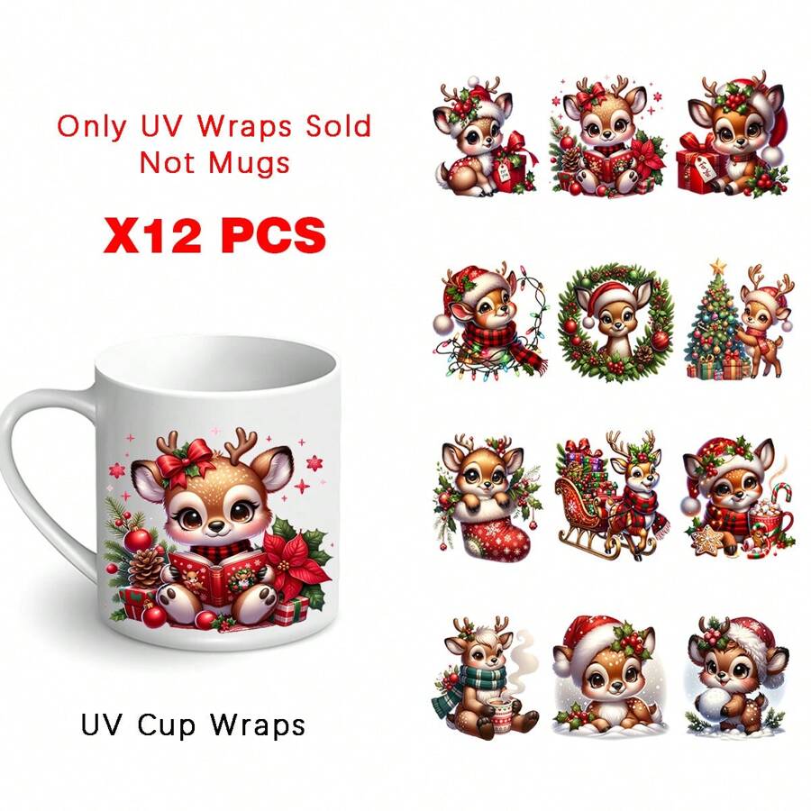 12 miếng dán cốc UV DTF hình con nai Giáng sinh - Miếng dán DIY chống thấm nước và chống trầy xước, hiệu ứng pha lê 3D, miếng dán chuyển tự dính để làm đồ thủ công, 8,2x20cm (3,2"X7,8") - Nhiều màu - Xem 1
