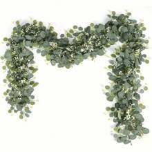 1pc Eucalyptus Floral Wreath With White Flowers, 5.9ft/180cm Silver Dollar Eucalyptus Leaf Babys Breath Wreath, Artificial Green Leaves Garland, Suitable For Wedding Party Fireplace Mantel, Table Runner, Home Decor, Office Decor, Summer