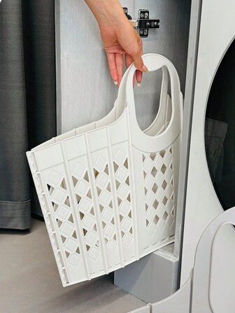 1pc Collapsible Laundry Basket, Thick Plastic Multi-Purpose Home Hamper, Large Capacity Toy Storage Basket With Handle, Wall-Mounted Bathroom Design, Modern Foldable Laundry Basket For Bathroom, Home Organization, Laundry Room, House, School, Dorm, Home Decor/White Decor/Room Decors/Christmas Decor Decorations