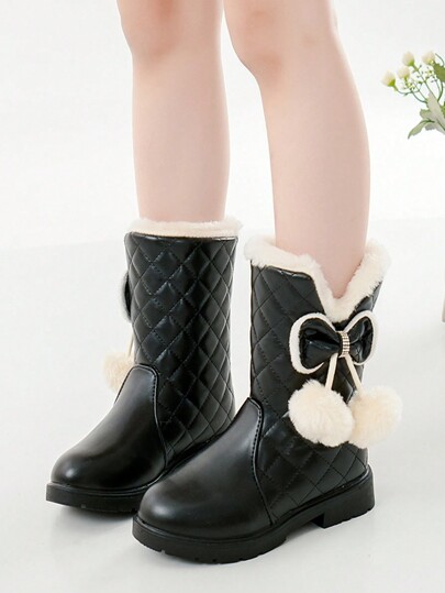 Botas de Neve de Princesa de Inverno para Meninas, Botas de Couro com Laço Tipo Alto, Forradas Termicamente, À Prova de Frio, Calçados de Inverno para Uso Externo para Crianças Pequenas