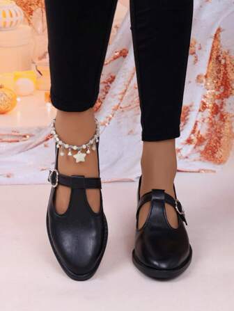 Women's Black Pointed Toe Mary Jane Flats, Versatile British Style Casual Slip-On Shoes For Spring/Autumn Dresses