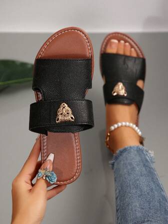 女士时尚豹纹装饰系带凉鞋，露趾优雅休闲沙滩拖鞋，夏季黑色平底凉鞋