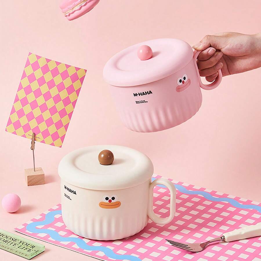 1 pieza Tazón de ramen con tapa y asa, lindo recipiente personal para almuerzo en la oficina, tazón de alta calidad para dormitorio estudiantil, regalo de Navidad - multicolor - Ver 1