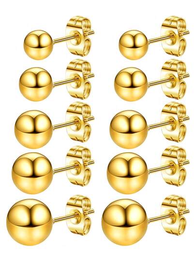 Set da 10 pezzi Orecchini rotondi minimalist in acciaio inossidabile placcati in oro 18K, unisex per uso quotidiano, doccia, sonno, abbigliamento casual