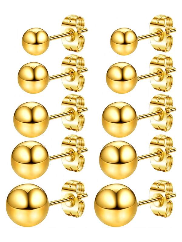 10 piezas/set Aretes de diseño de bola redonda chapados en oro de 18K de acero inoxidable minimalista, unisex para uso diario, ducha, dormir, uso casual