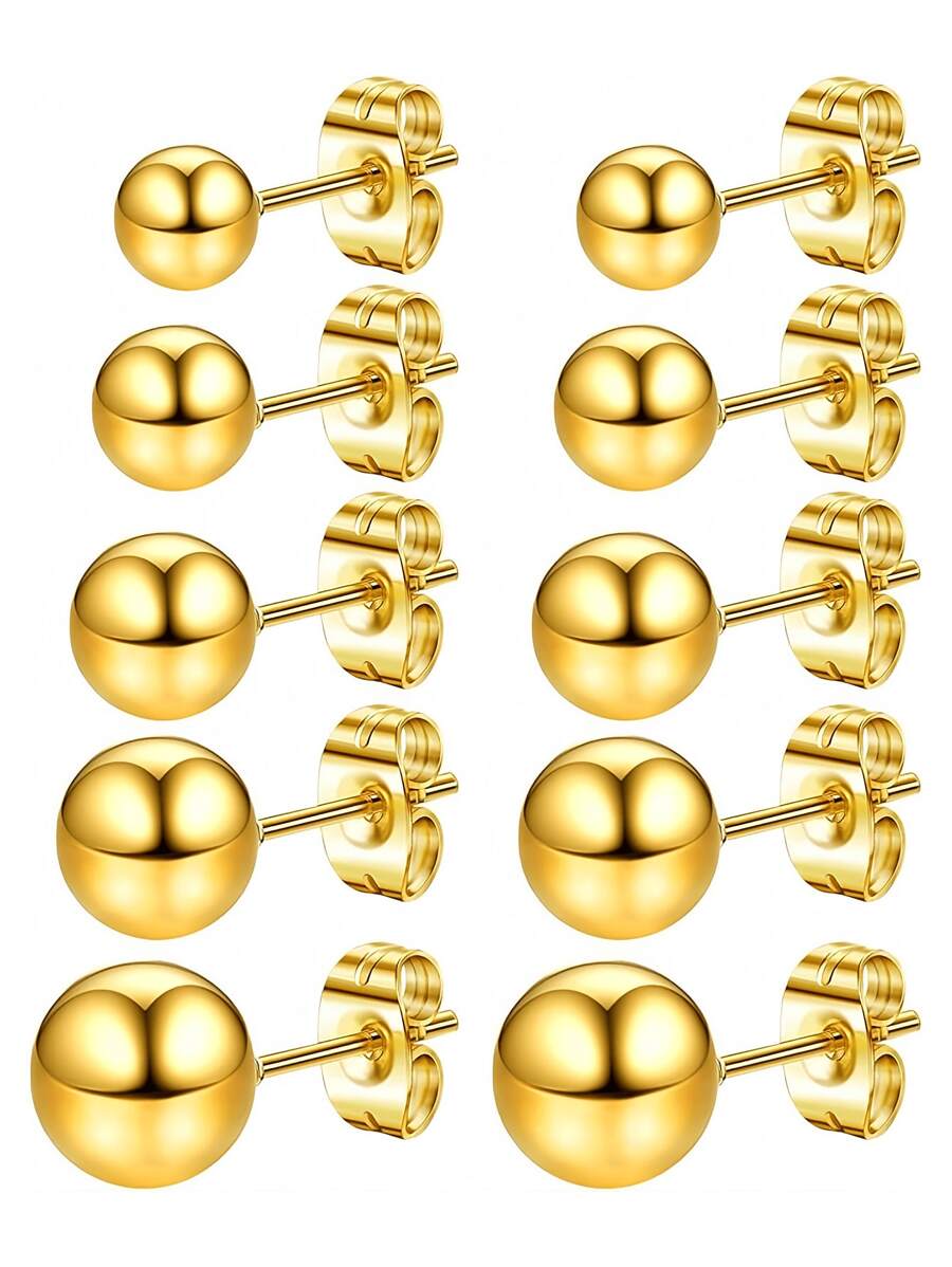 Set da 10 pezzi Orecchini rotondi minimalist in acciaio inossidabile placcati in oro 18K, unisex per uso quotidiano, doccia, sonno, abbigliamento casual