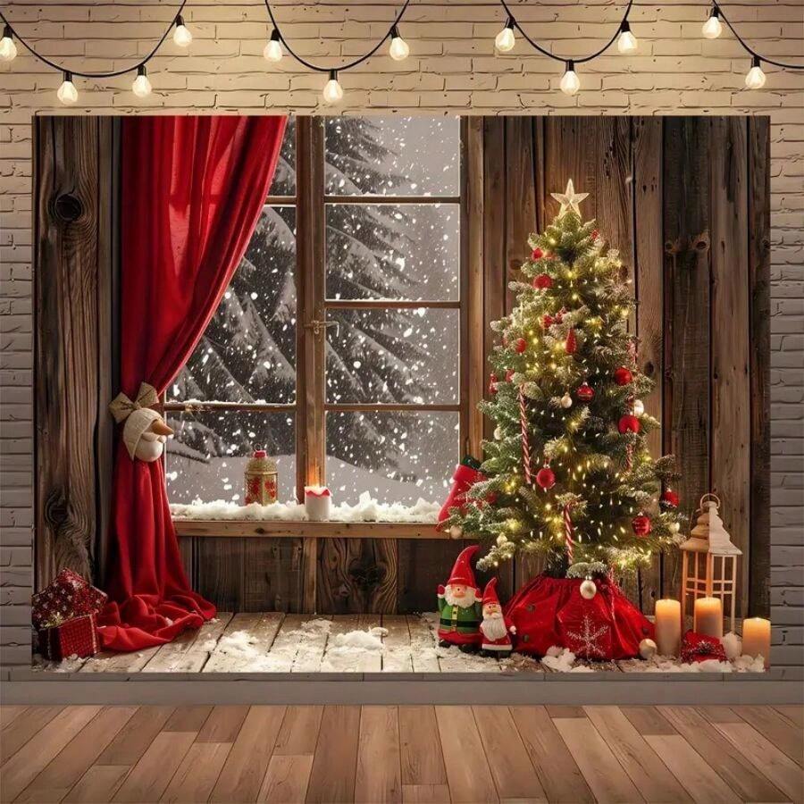 Cortinas rojas multifuncionales navideñas y fondo de fotografía con árbol de Navidad - Adecuado para fiestas navideñas y decoración de eventos, tela de fondo navideña - Multicolor - Ver 1
