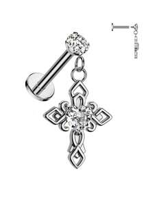 1 件图案中心心形合成氧化锆耳钉，316 不锈钢平底内螺纹穿孔耳环、唇环、身体首饰，适合各种场合、派对、日常佩戴