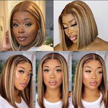 4/27 亮点 13x4 蕾丝前部真人发假发直发短波波头假发巴西处女预拔婴儿头发女士 150 密度 - 間色和鋼琴色 - 查看 3