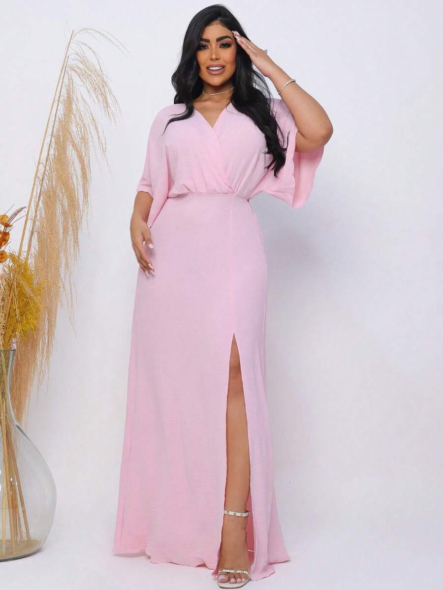 Women's Long Party Dress Side Slit Deep V Neck Short Sleeve Elegant - Xem 1