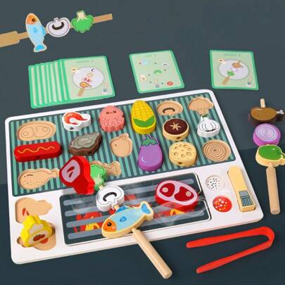 Holz-Grill Rollenspiel Set - Unterhaltsame familiäre Interaktion, Rollenspielzeug, lehrreiches Eltern-Kind Beschäftigungsspiel für kleine Kinder