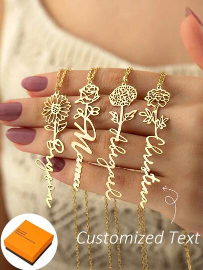 1pc Birthstone Flower DIY Engraved Necklace Pendant, Flower Bracelet, Customizable Name, Minimalist Daily Style, Includes Keychain, Gift Box, Suitable For Valentine's Day, Birthday, Mother's Day, Everyday Wear, Available In Black, Silver, Gold