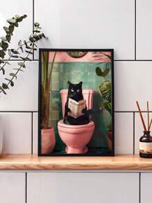 1幅无框浴室黑猫海报墙画，抽象猫咪如厕看报纸现代植物图片，彩色帆布油画印刷品，适用于客厅卧室装饰 - 彩色 - 查看 3