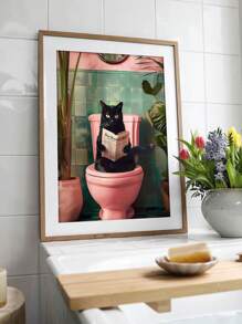 1幅无框浴室黑猫海报墙画，抽象猫咪如厕看报纸现代植物图片，彩色帆布油画印刷品，适用于客厅卧室装饰 - 彩色 - 查看 4