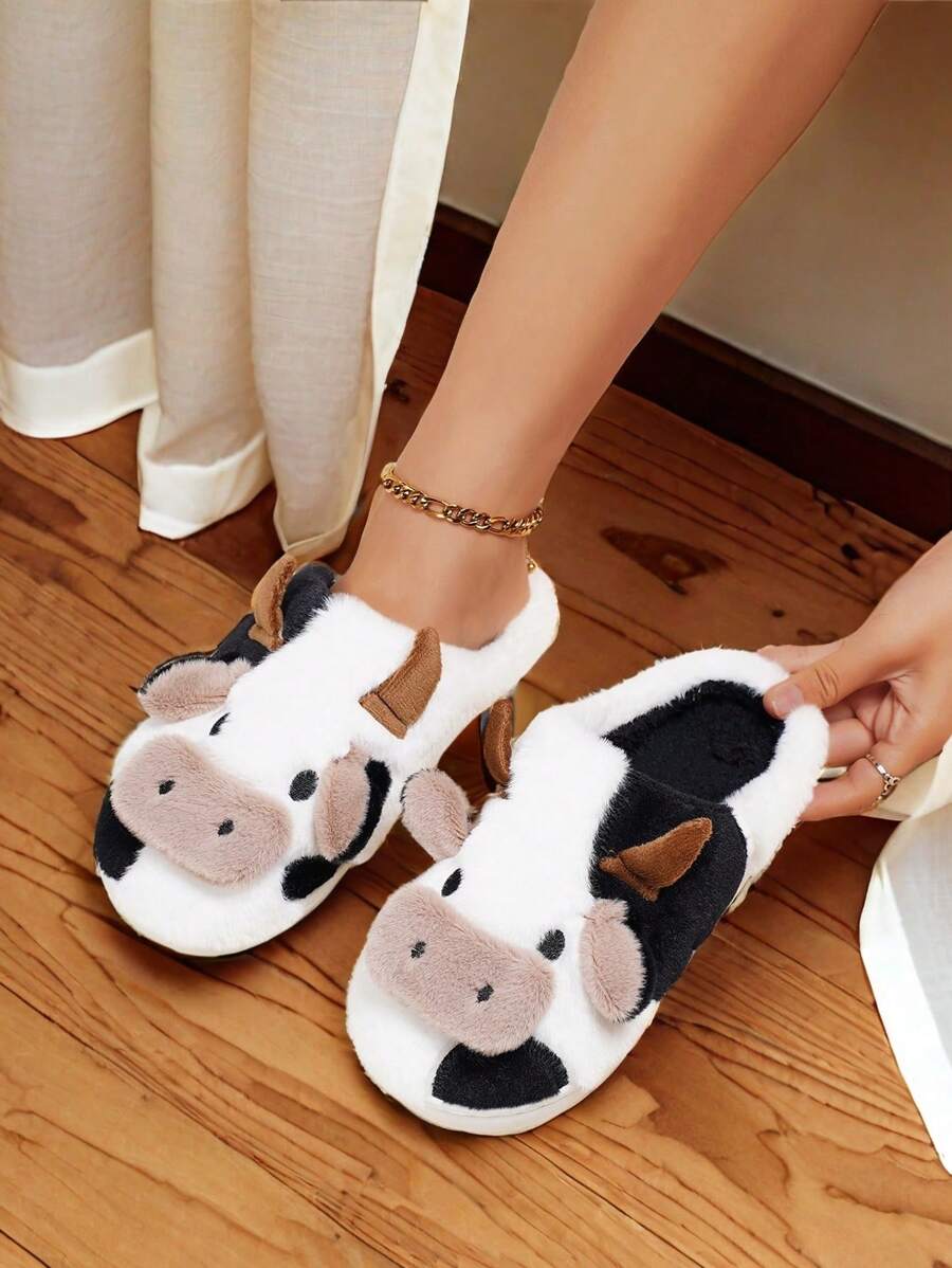 Cute Mini Cow Plush Warm Thermal Slippers For Home, Winter - White - View 1