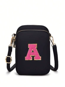 2 Peças Bolsa Transversal Fashion Casual Mini para Caminhada com Bolsa de Tecido para Celular, Porta-moedas Vertical para Mulheres e Meninas, Presentes para Volta às Aulas, Outono e Inverno, Dia dos Namorados (Adesivos de Letra DIY) - Preto - Visão 11