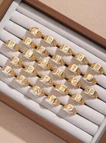 1 chiếc nhẫn thời trang thiết kế hình trái tim và chữ cái, thích hợp đeo hàng ngày cho nữ. - Vàng - Xem 2