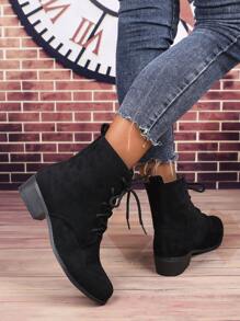 Women's New Round Toe Solid Black High Top Lace-Up Low Heel Ankle Boots, Fashionable Casual Four Seasons Short Boots, Retro Square Heel Dress Boots