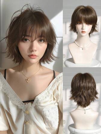 10-Inch Short Mullet Head Wigs With Bangs Synthetic Straight Women Black Brown Short Hair Wig For Daily Party Cosplay