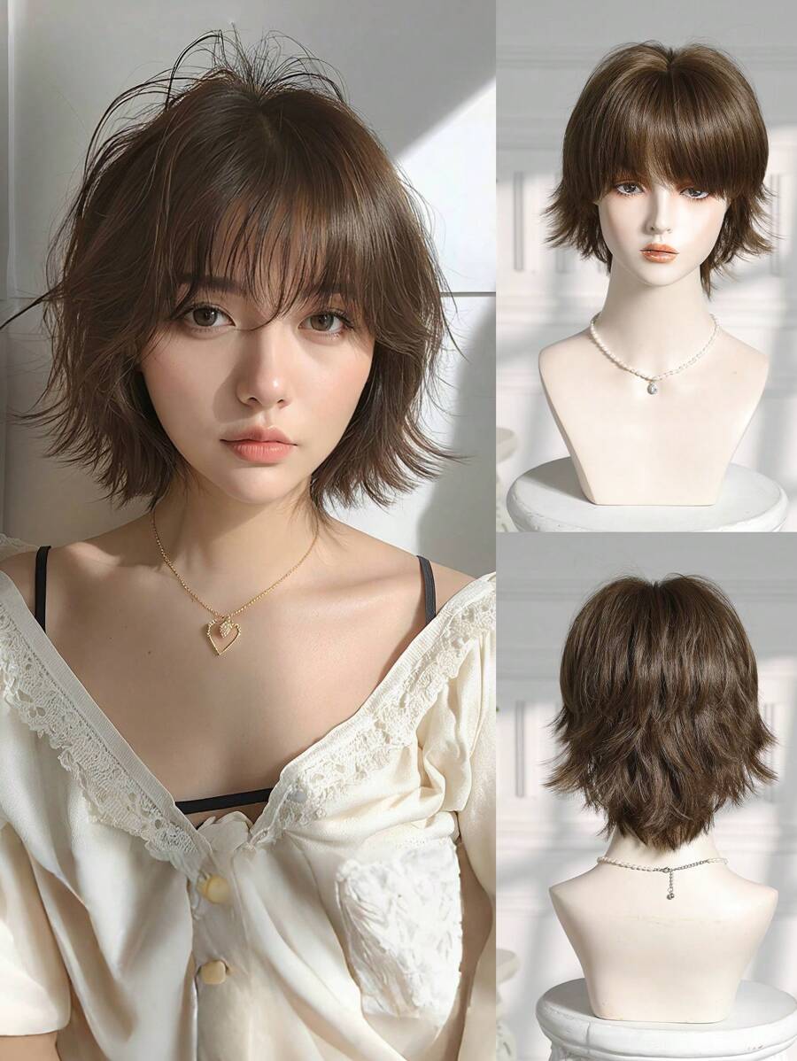 10 Inch Short Synthetic Straight Wig With Bangs, Black/Brown, Suitable For Daily Wear, Parties, Cosplay