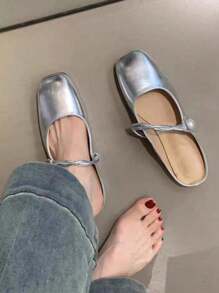 Silver Women' French Style Mary Jane Flat Mules Closed Toe Sandals, Spring/Summer/Fall