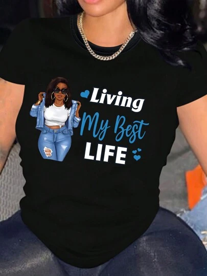 Plus Size Women Summer Slogan & Portrait Print Crew Neck Short Sleeve Casual T-Shirt Black