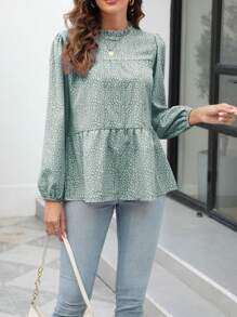 Animal Print Ruffle Neck Blouse - Green - View 3