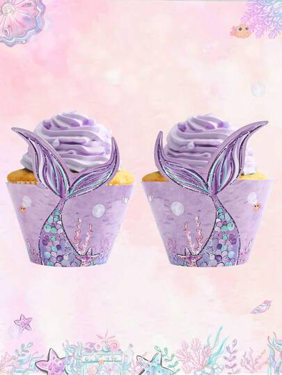 6个美人鱼图案纸杯蛋糕包装纸，紫色梦幻海洋主题蛋糕衬垫，适用于婚礼、节日、生日派对用品、性别揭晓派对、迎婴派对、新娘送礼会装饰