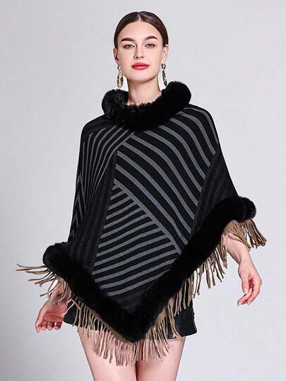1pc Women's Striped Thick Imitation Wrase Rabbit Hair Knitted Cover Windproof Warm Day Cold Imitation Fur Plush Fashion Elegant Cape Cape Suitable For Morning And Evening Travel, Party Wear Festival Party Wear Festival Wear
