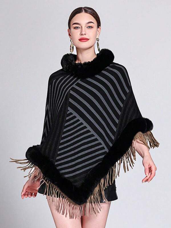 1pc Women's Striped Thick Imitation Wrase Rabbit Hair Knitted Cover Windproof Warm Day Cold Imitation Fur Plush Fashion Elegant Cape Cape Suitable For Morning And Evening Travel, Party Wear Festival Party Wear Festival Wear