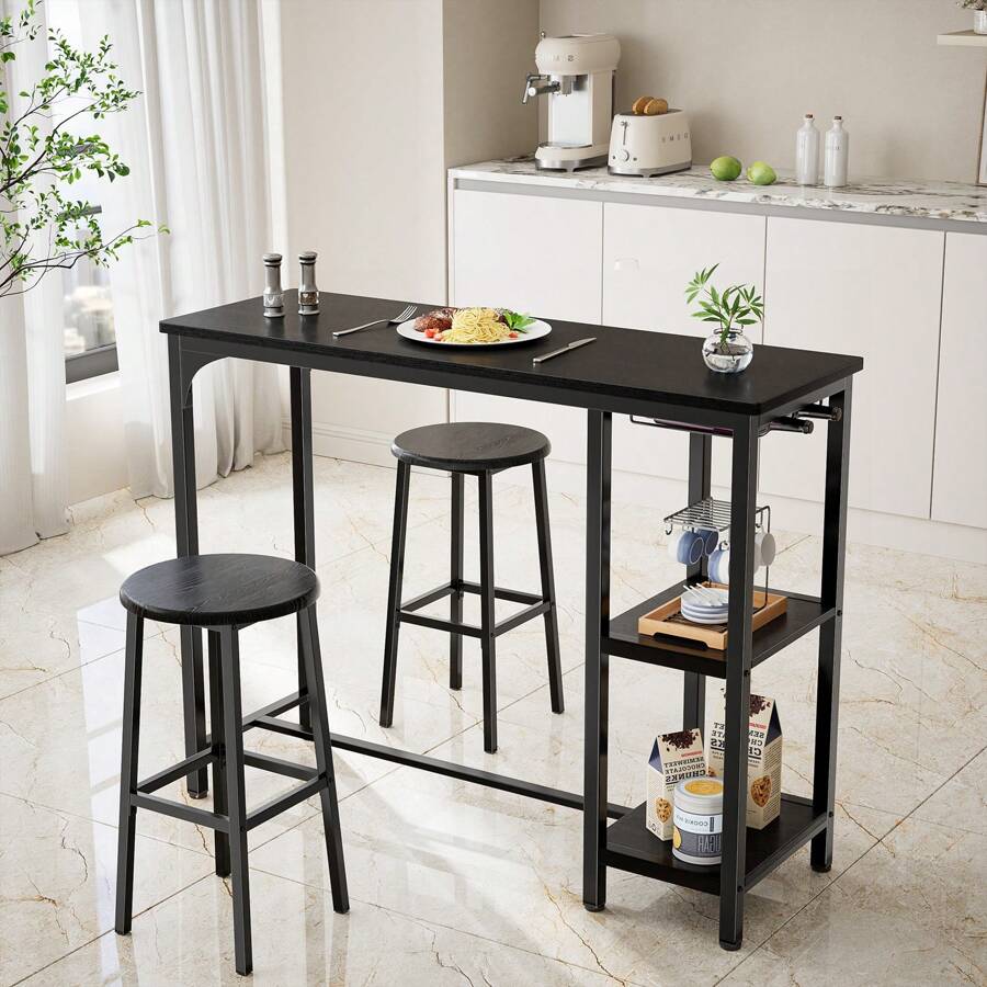 3-Piece High Bar Set With Table And Chairs And Two Open Storage Cabinets - màu đen - Xem 1