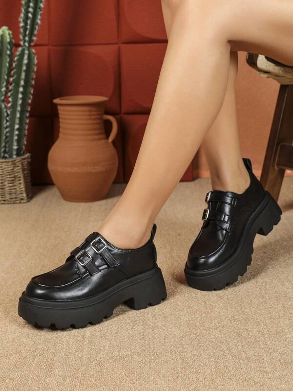 Women's Platform Wedge Heel Shoes, Buckle Patent Leather Thick Bottom Loafers, Work Shoes, Black Leather Strap Buckle, Increased Height Oxfords