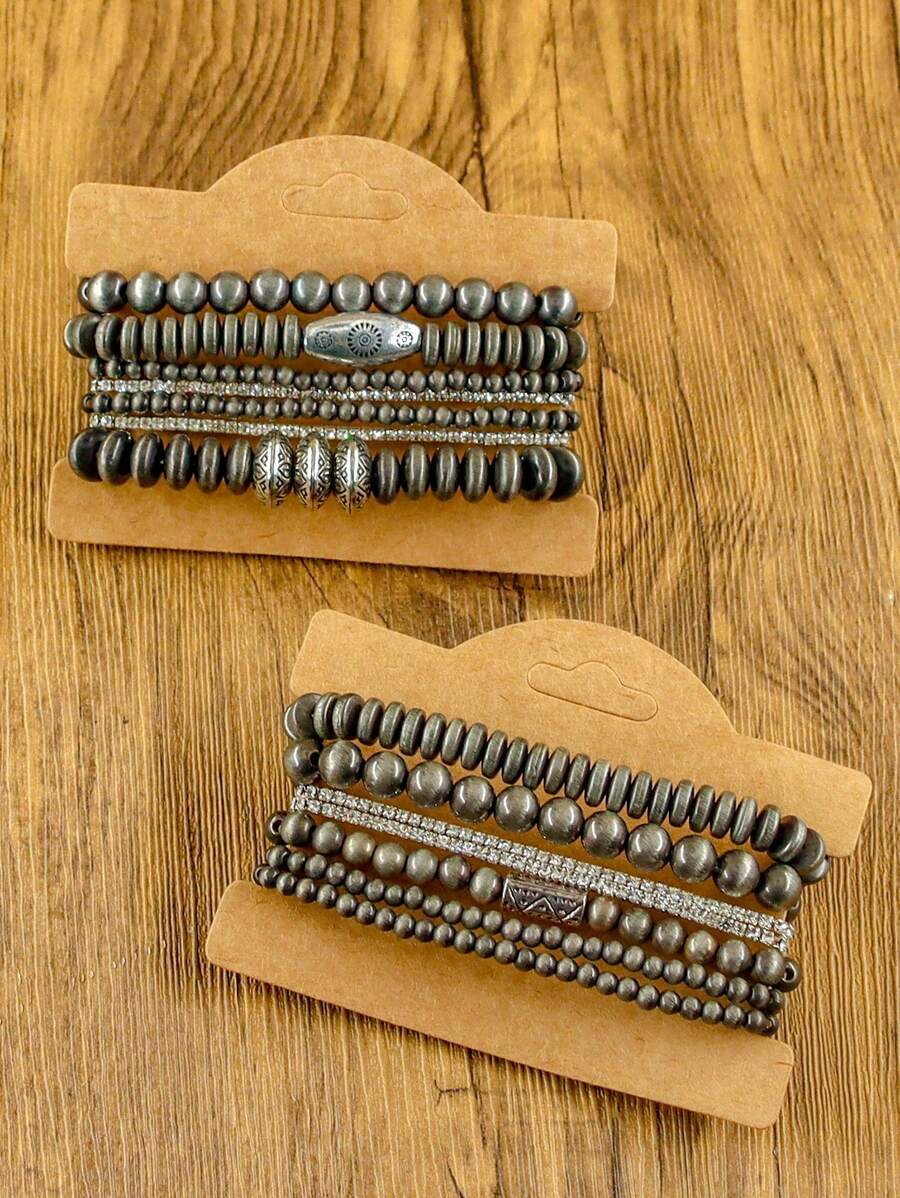 7 件复古银珠手链，女式波西米亚手链，图腾风格西部乡村风格仿珍珠弹性手链，西部手工弹性手链，祖尼部落多层弹性腕带，适合各种服装组合 - 復古銀色 - 查看 1
