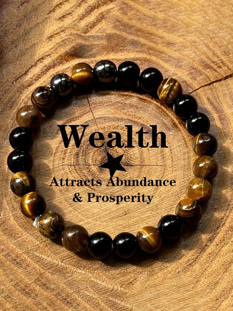 8毫米财富手链，赤铁矿和虎眼石，象征富足与繁荣、幸运与成功，冥想饰品，节日礼物，男女皆宜——守护、勇气、专注与自信