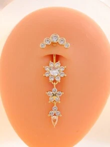 1pc 3-Segment Zirconia Inlaid Stainless Steel Navel Piercing Ring, New Design With 5-Stone Crescent Shape, Classic Belly Jewelry For Daily Wear - Yellow Gold - View 12