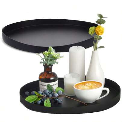 1/2pcs Black Round Tray, Minimalist Home Storage & Planter Base & Candle Holder