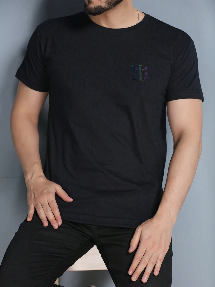 Men's Printed Short Sleeve T-Shirts 100% Cotton 30.1 Combed Mesh - 黑色 - 查看 1