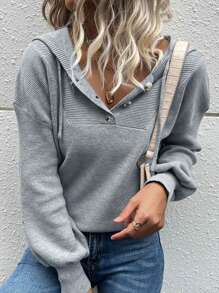 Henley Ribbed Knit Hoodie