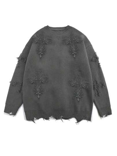 Men's Solid Color Round Neck Long Sleeve Sweater For Daily Wear, Emo, For Fall Winter