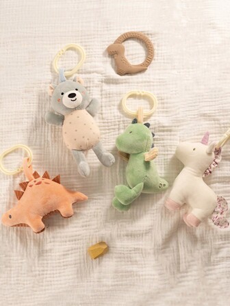 1个婴儿毛绒动物摇铃吊坠，适用于汽车座椅、婴儿床和婴儿车，新生儿礼物，风铃，婴儿房装饰，婴儿感官软玩具 - 小熊、独角兽、恐龙