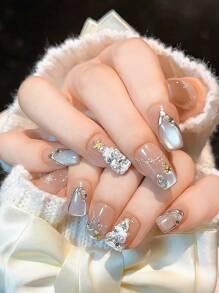 YADORNOS 10pcs Christmas Pink Cat Eye Snowflake 3D Pearl Christmas Tree Handmade Press On Nails, Long Coffin Full Cover Reusable Fake Nail Tips With Jelly Glue And Nail File, Home DIY Nail Supplies Xmas Christmas New Year Gifts