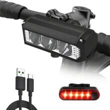 USB Rechargeable Bicycle Headlight-Multiple Modes,Super Bright LED Bike Light,Large Battery,Waterproof Bike Headlight Taillight,Daytime Running Light,Men Women Bicycle Accessories - 黑色 - 查看 1