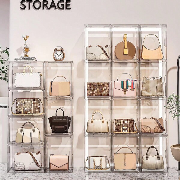 Clear Handbag Storage Organizer, 1 Pack Acrylic Display Case For Handbag/Purse Organizer For Closet, Stackable Purse Display Boxes With Magnetic Door For Collectibles, Wallet, Toys